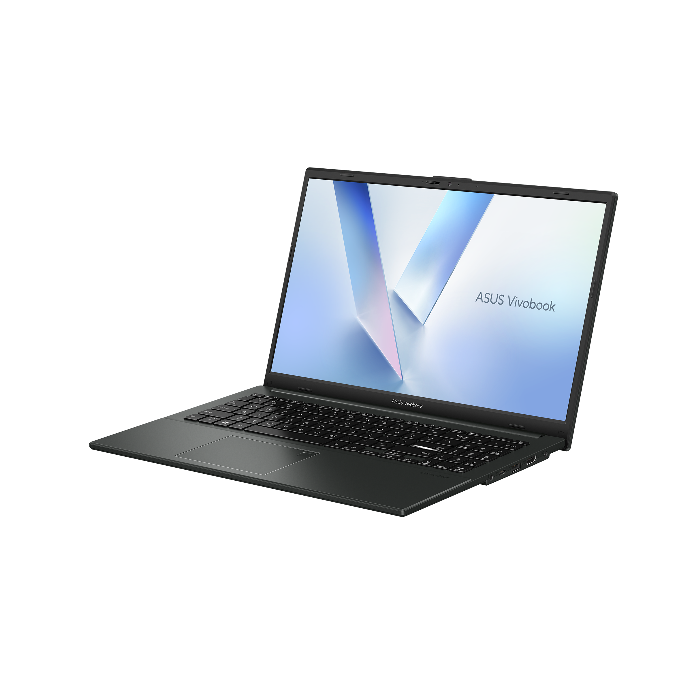 ASUS Vivobook Go E1504FA 15.6-inch FHD Laptop in Mixed Black with AMD Ryzen 3 7320, 8GB DDR5 RAM, and 256GB SSD, open view showing keyboard and screen