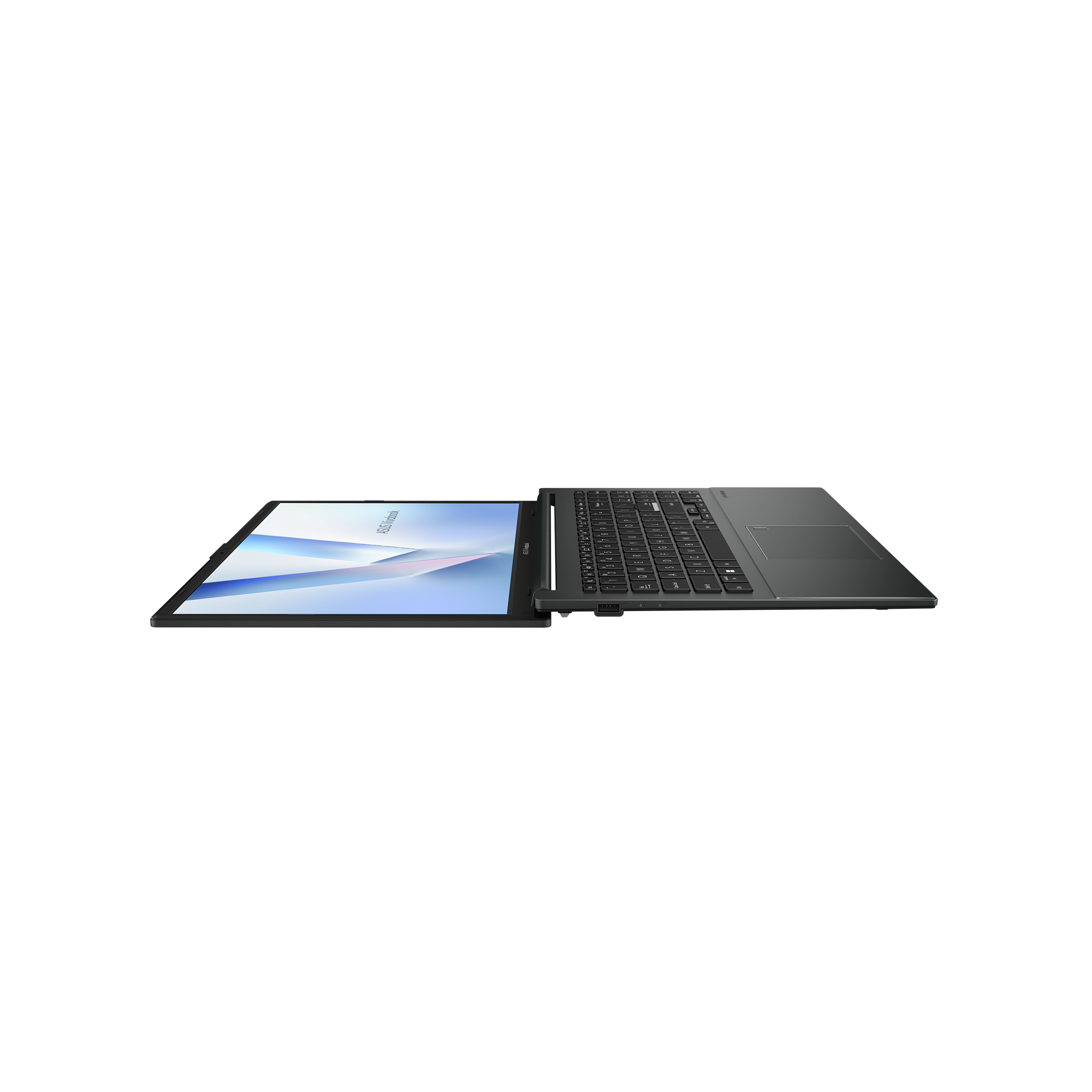 ASUS Vivobook Go E1504FA 15.6-inch FHD Laptop in Mixed Black with AMD Ryzen 3 7320, 8GB DDR5 RAM, and 256GB SSD, open view showing keyboard and screen