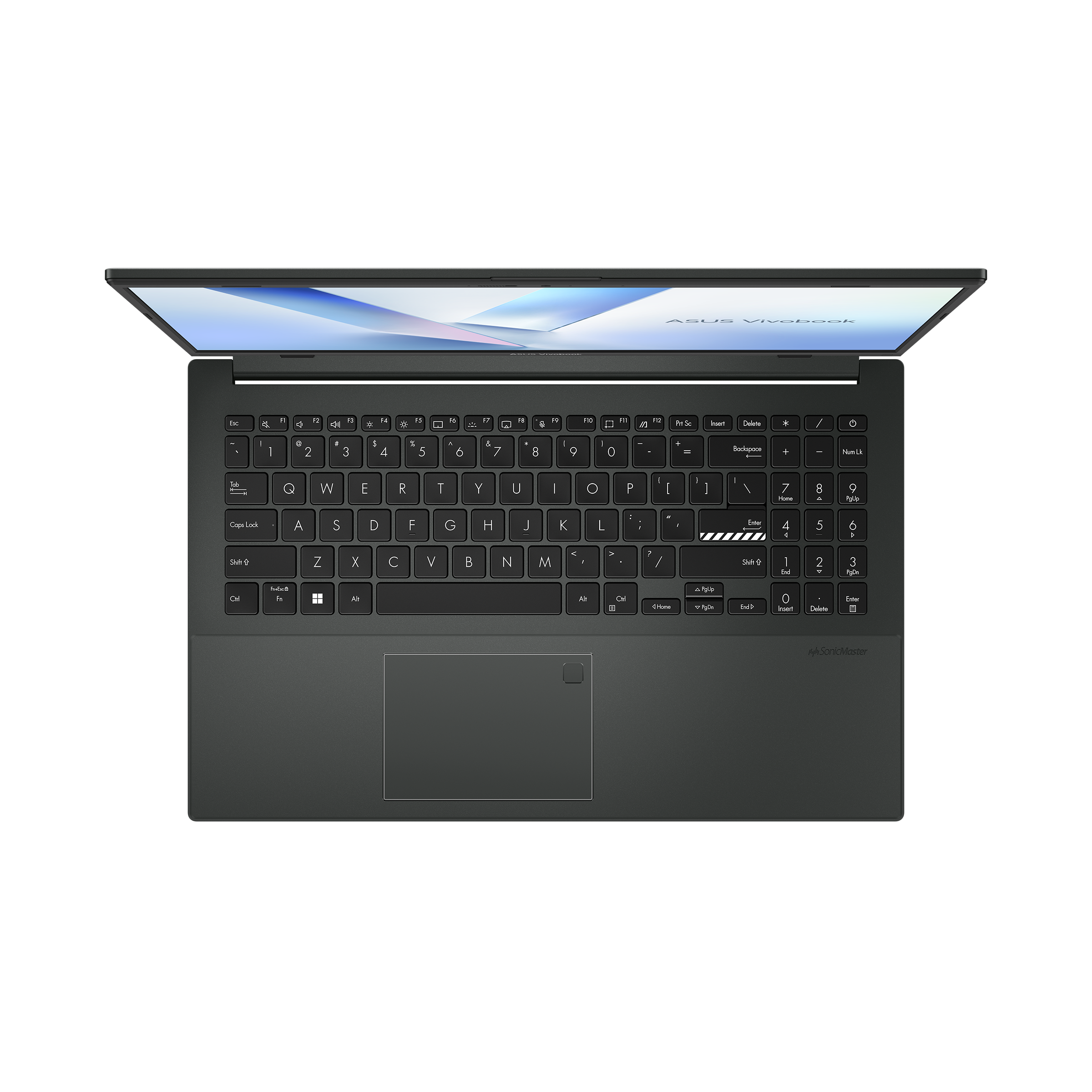 ASUS Vivobook Go E1504FA 15.6-inch FHD Laptop in Mixed Black with AMD Ryzen 3 7320, 8GB DDR5 RAM, and 256GB SSD, open view showing keyboard and screen