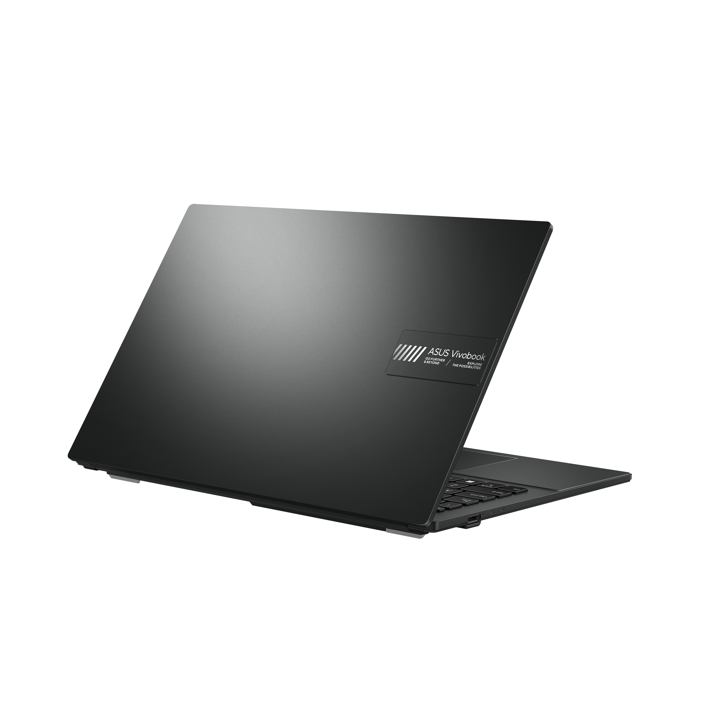Side profile of ASUS Vivobook Go E1504FA laptop showing slim design, ports, and Mixed Black finish