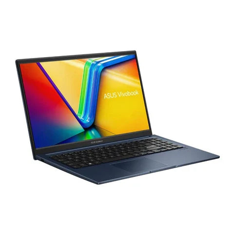 ASUS Vivobook X1504ZA 15.6-inch FHD Laptop in blue with Intel Core i3-1215U, 8GB RAM, and 512GB SSD, open view showing keyboard and screen