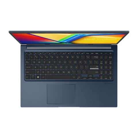 ASUS Vivobook X1504ZA 15.6-inch FHD Laptop in blue with Intel Core i3-1215U, 8GB RAM, and 512GB SSD, open view showing keyboard and screen